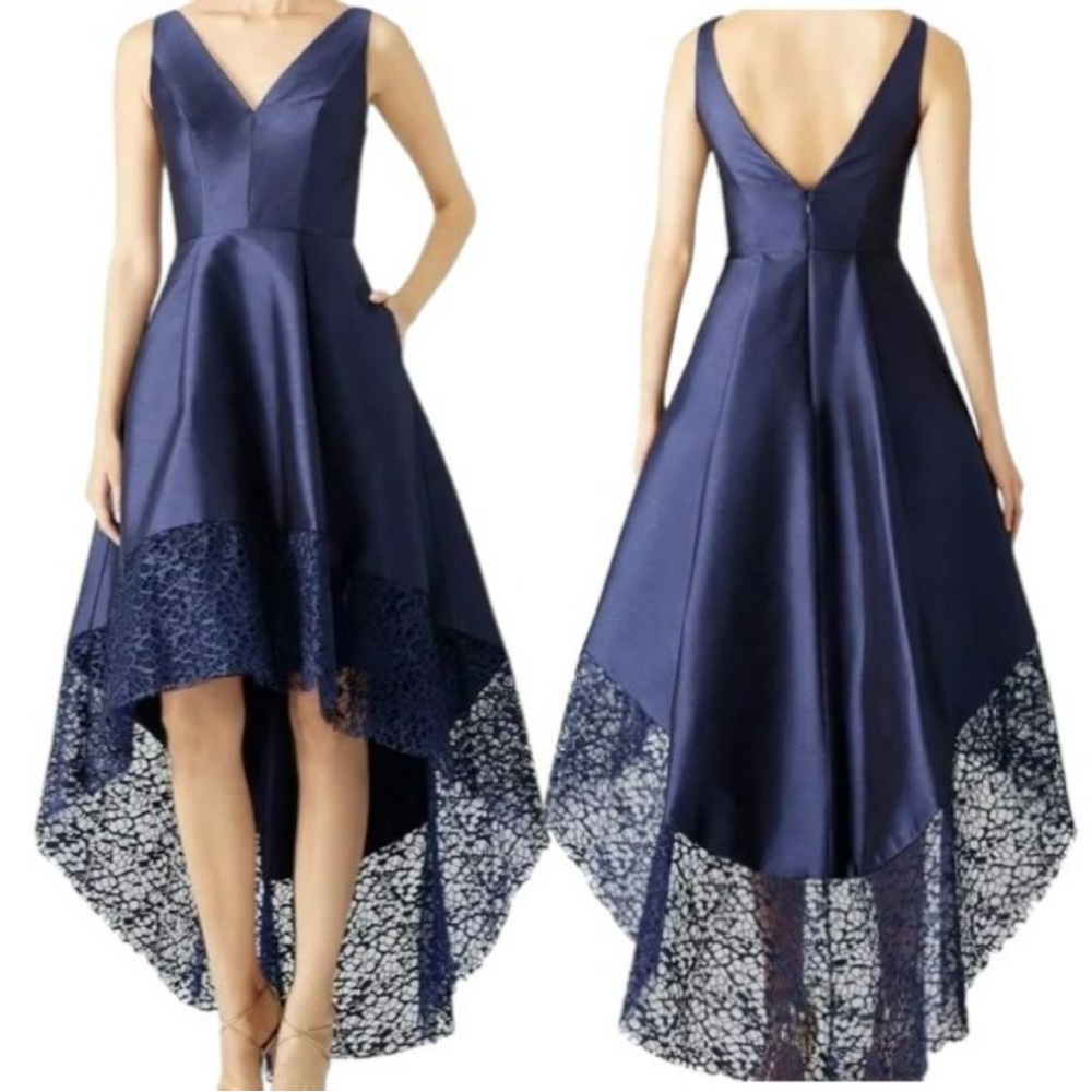 Monique Lhuillier high low gown, spiderweb lace